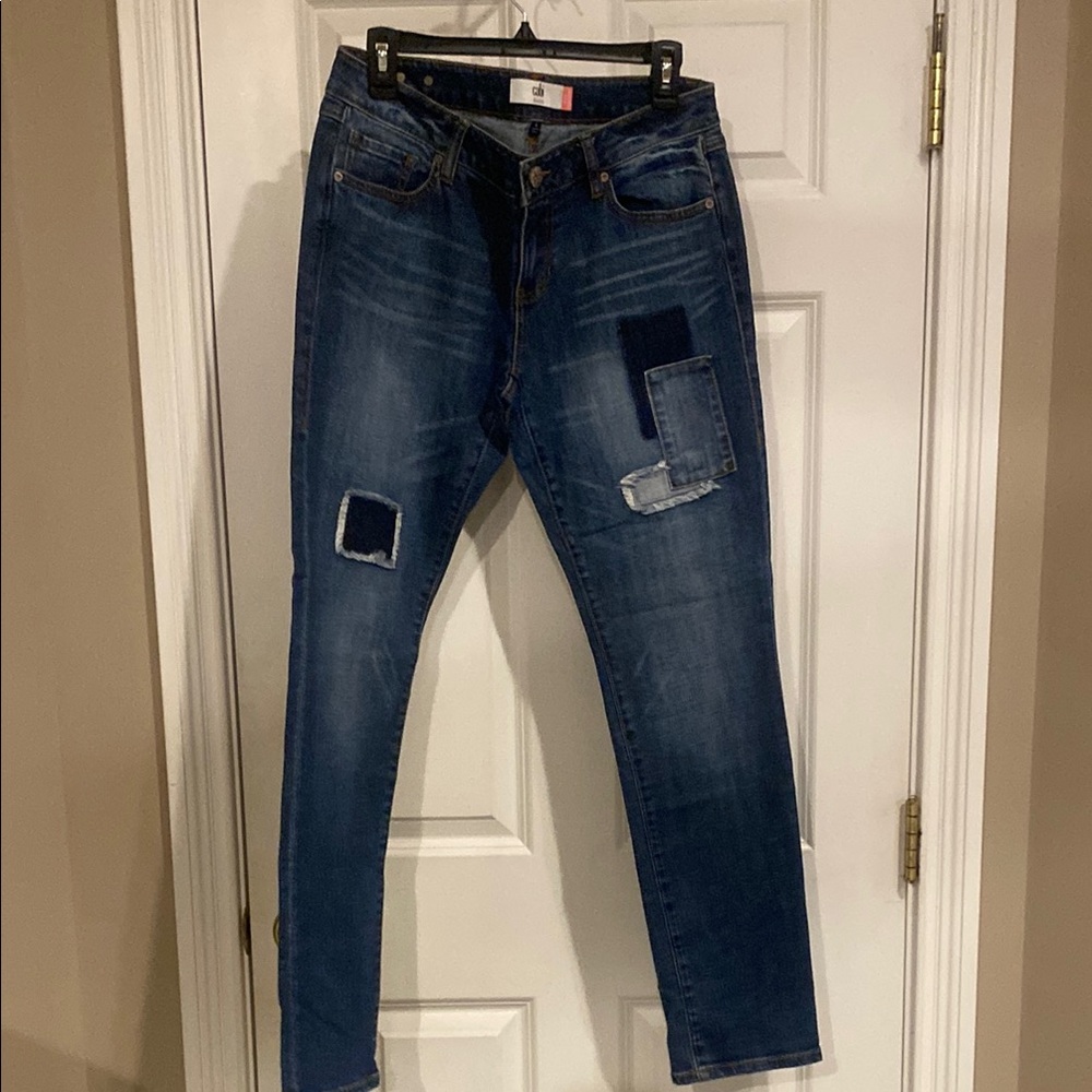 CAbi Blue Boyfriend Jeans with Distressed Patchwork
